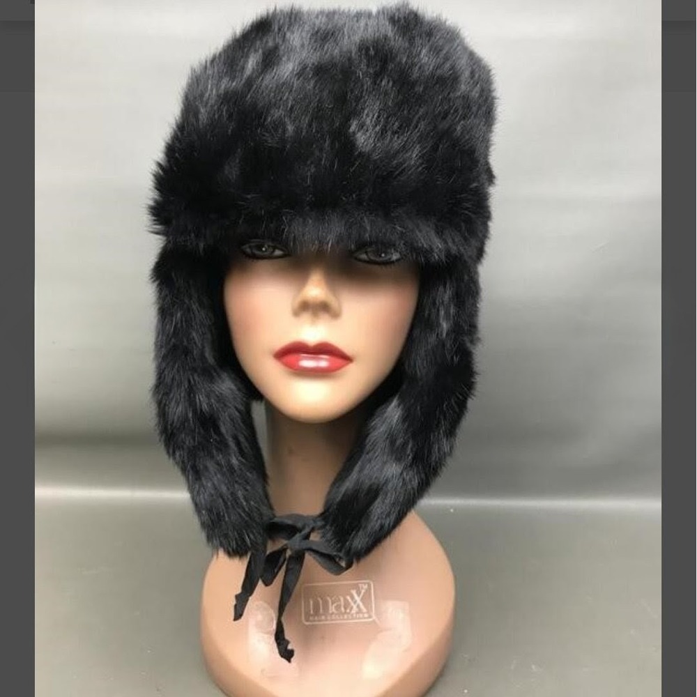 Crown Cap Canada Black Rabbit Fur Russian Style Ushanka Aviator Hat Size M